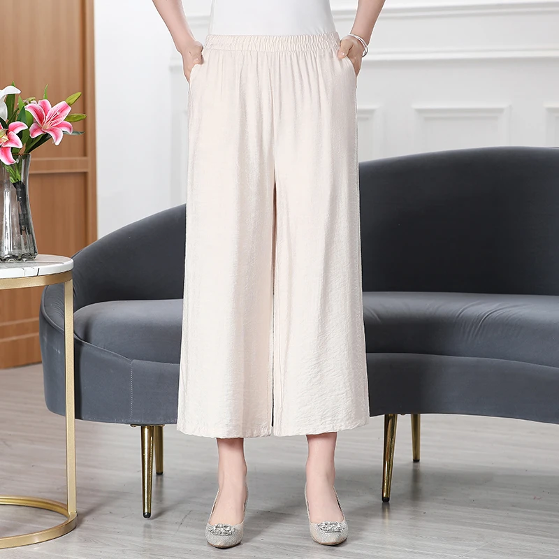 妈妈夏装阔腿裤中年夏季薄款休闲裤中老年女装宽松大码九分裤子