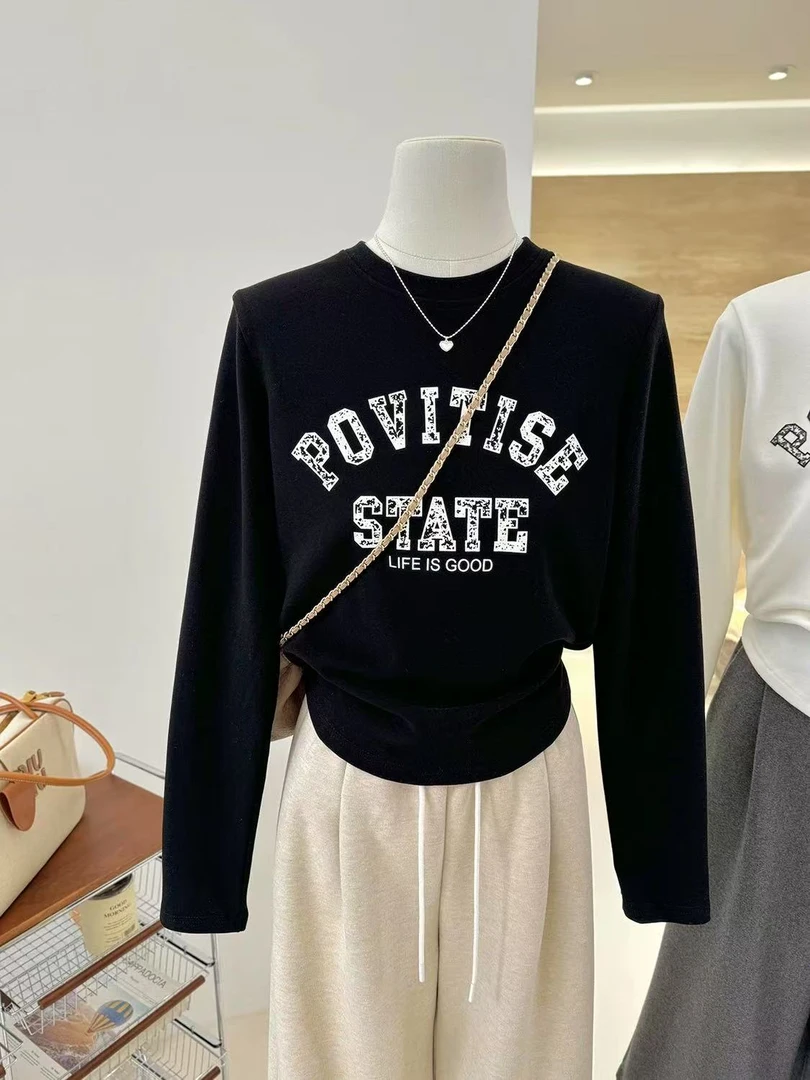 胖琪大码~简约字母印花韩版显瘦长袖袖T恤女百搭打底衫上衣