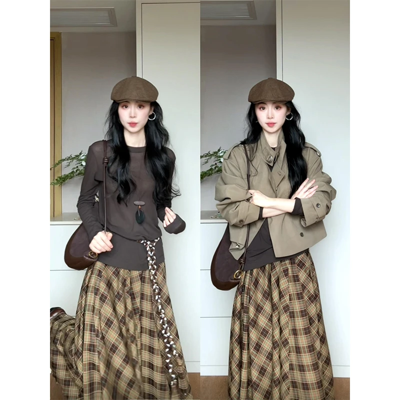 parkyeon秋季新款韩系风衣外套微透内搭T恤上衣格纹半身裙套装女