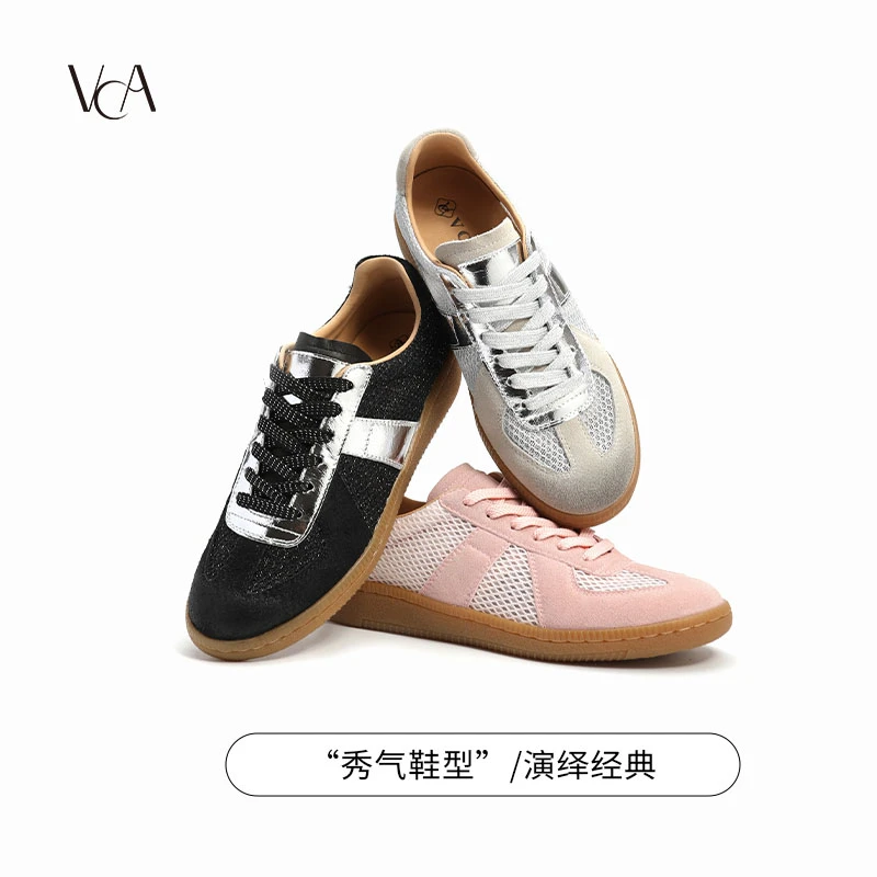 VCA德训鞋鞋子时尚2025新款百搭夏季透气真皮复古网面鞋子