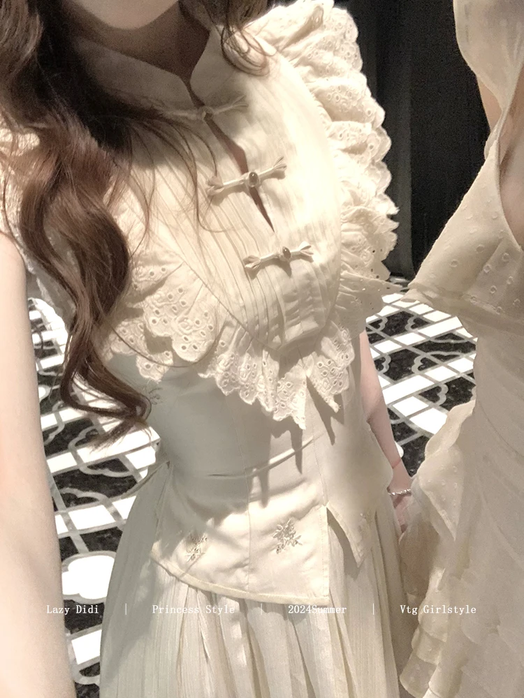 Lazy Didi折角腰 新中式日常刺绣套装盘扣绣花蕾丝