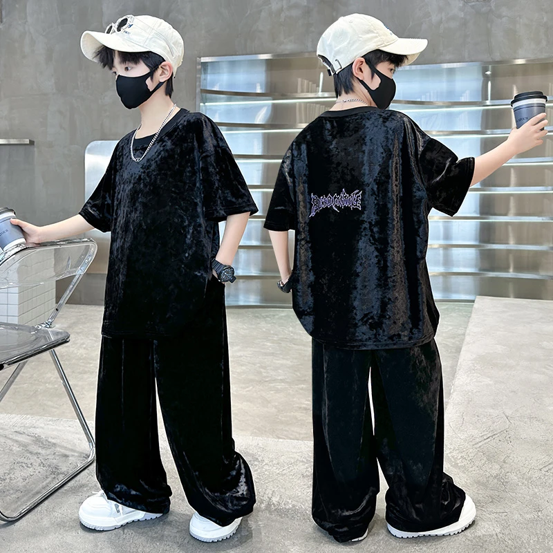 男童儿童2025夏季新品丝绒短袖长裤套装童装新款洋气薄款两件套潮