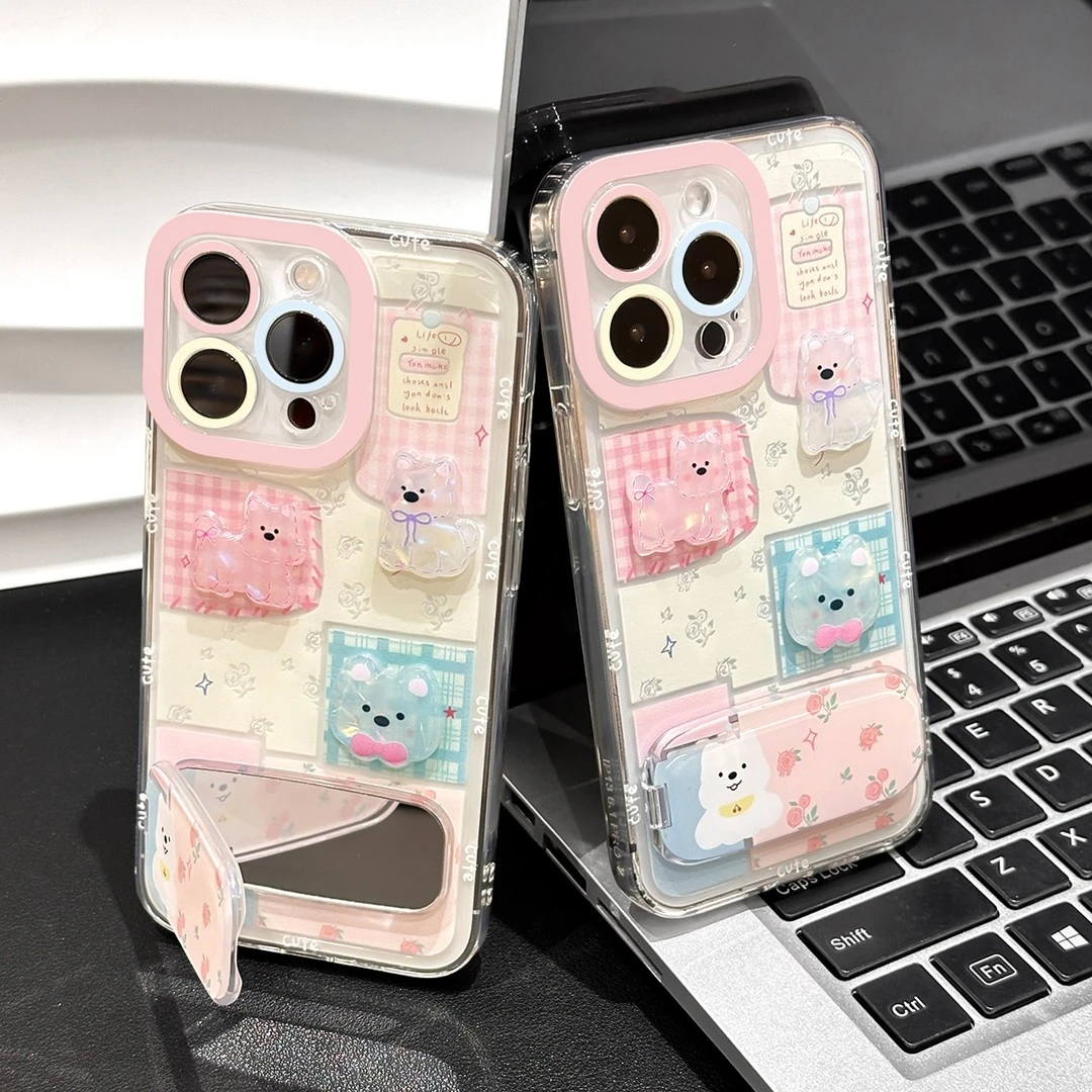 碎花小狗公仔支架适用苹果17pro透明手机壳华为oppo小米vivo卡通