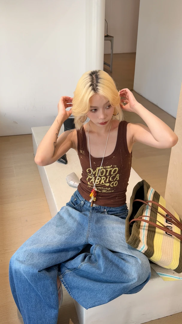 HELLOTANGO《碳酸心情》夏季美式复古做旧辣妹风修身弹力背心85513#