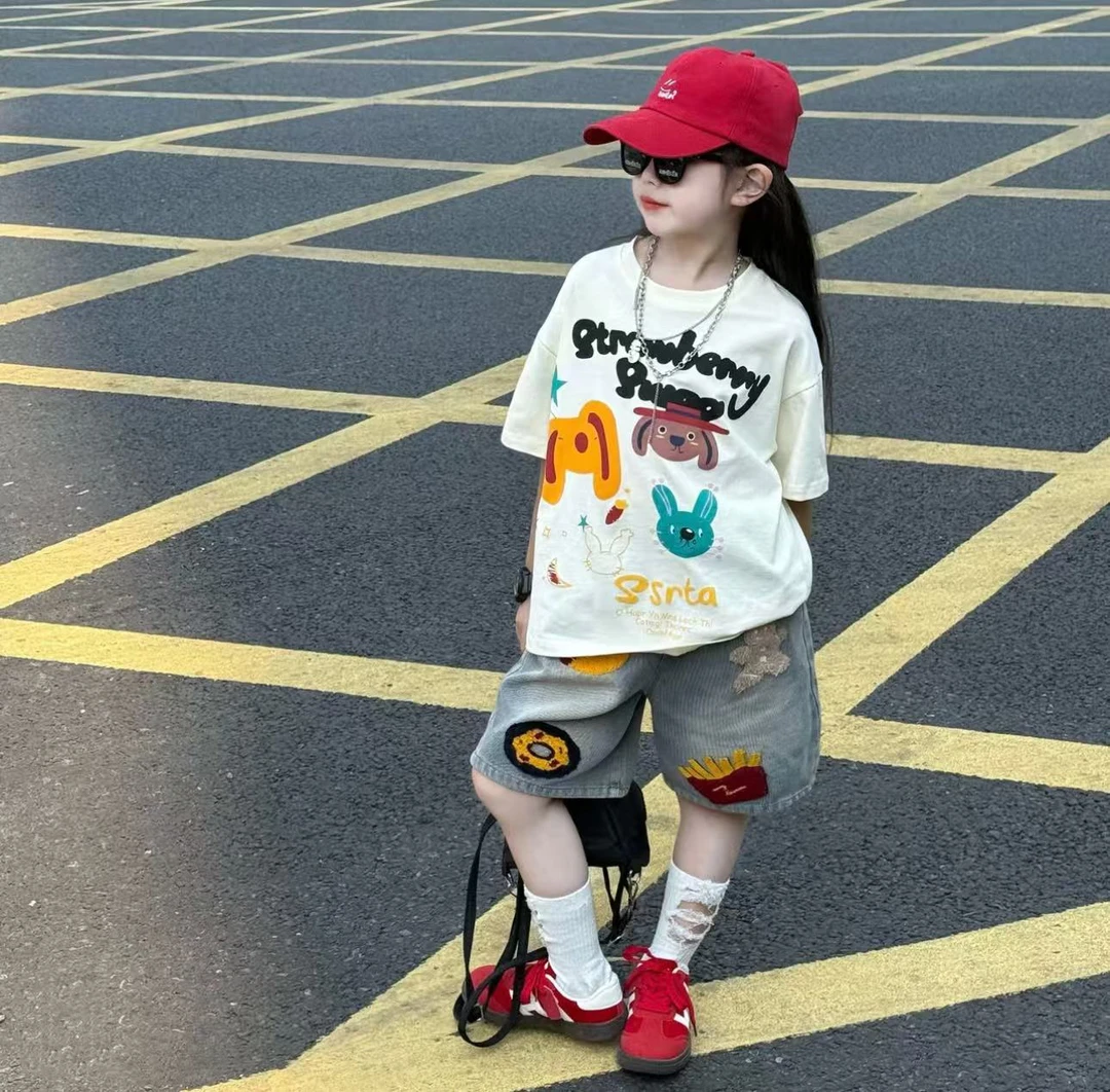 女童夏季时尚洋气毛巾绣牛仔中裤中大童百搭宽松短袖T恤衫时尚潮