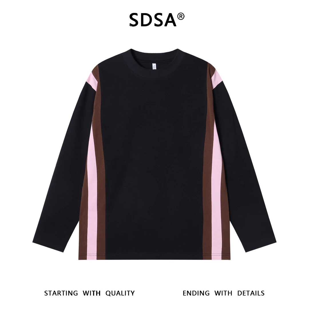 SDSA男士秋冬新款痞帅男装宽松拼接圆领长袖T恤撞色舒适时尚上衣