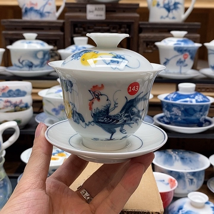 手绘公鸡盖碗150cc三才釉下彩微瑕福利款