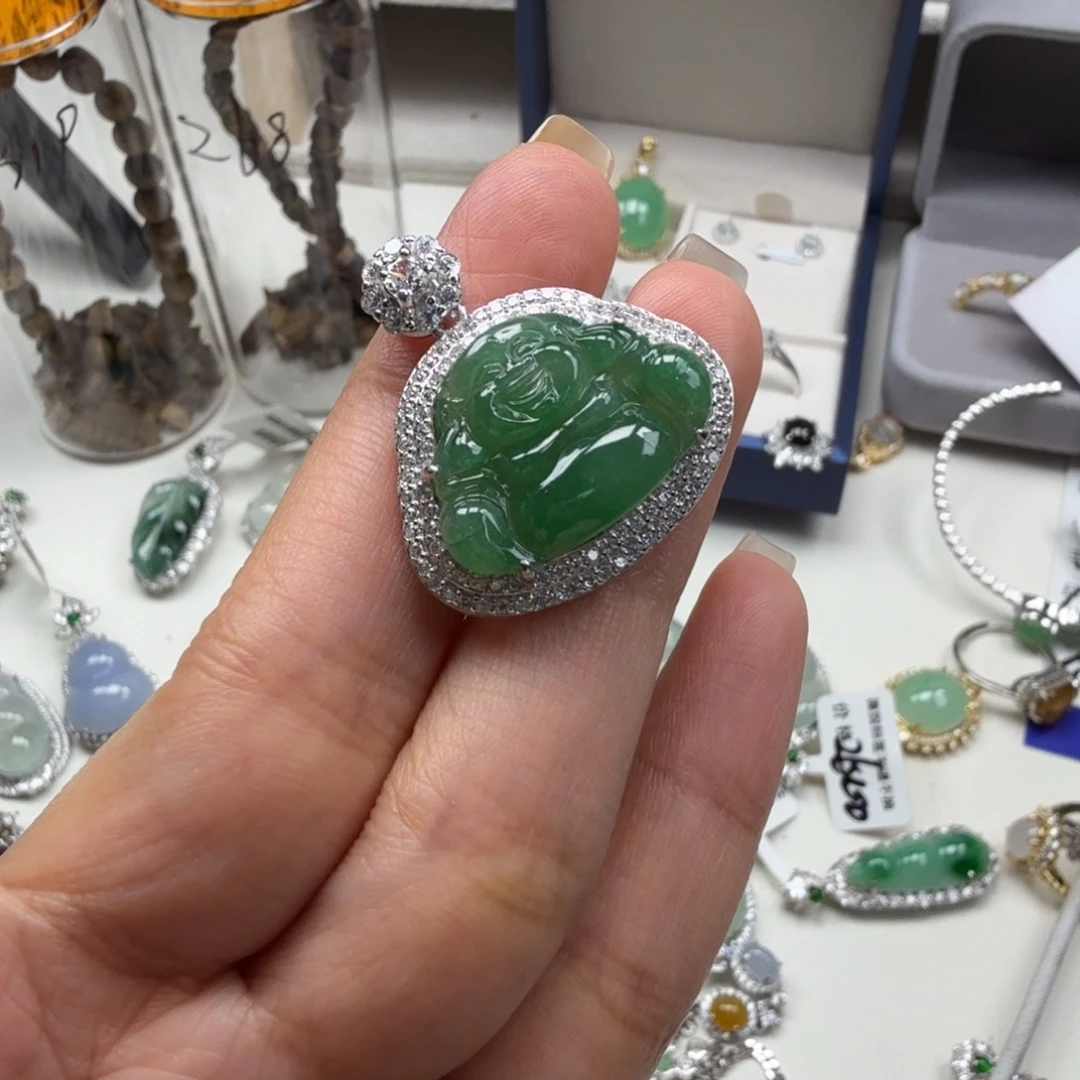 茶***笙翡翠银S925镶嵌戒指吊坠