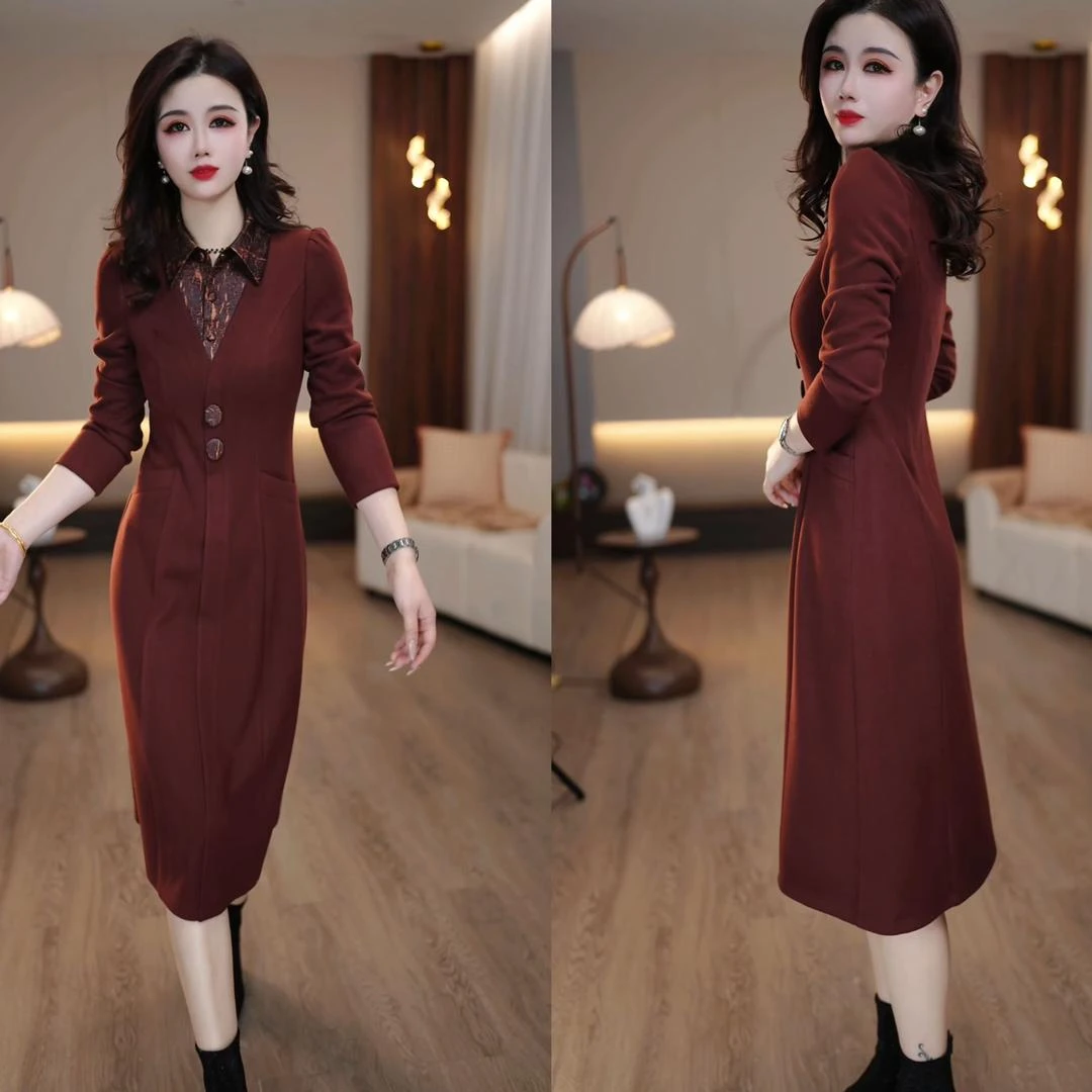 2025秋冬衬衫领洋气拼色百搭打底中长款红色假两件连衣裙