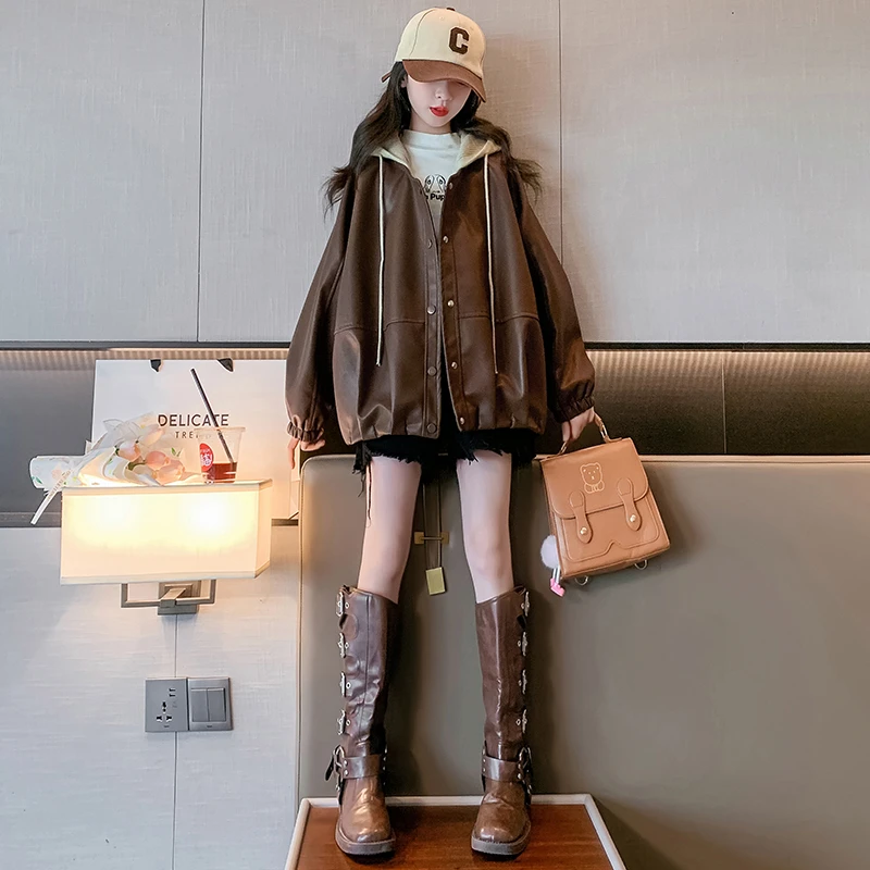 女童秋冬加绒加厚皮衣2026新款韩版时髦洋气连帽夹克上衣女孩外套