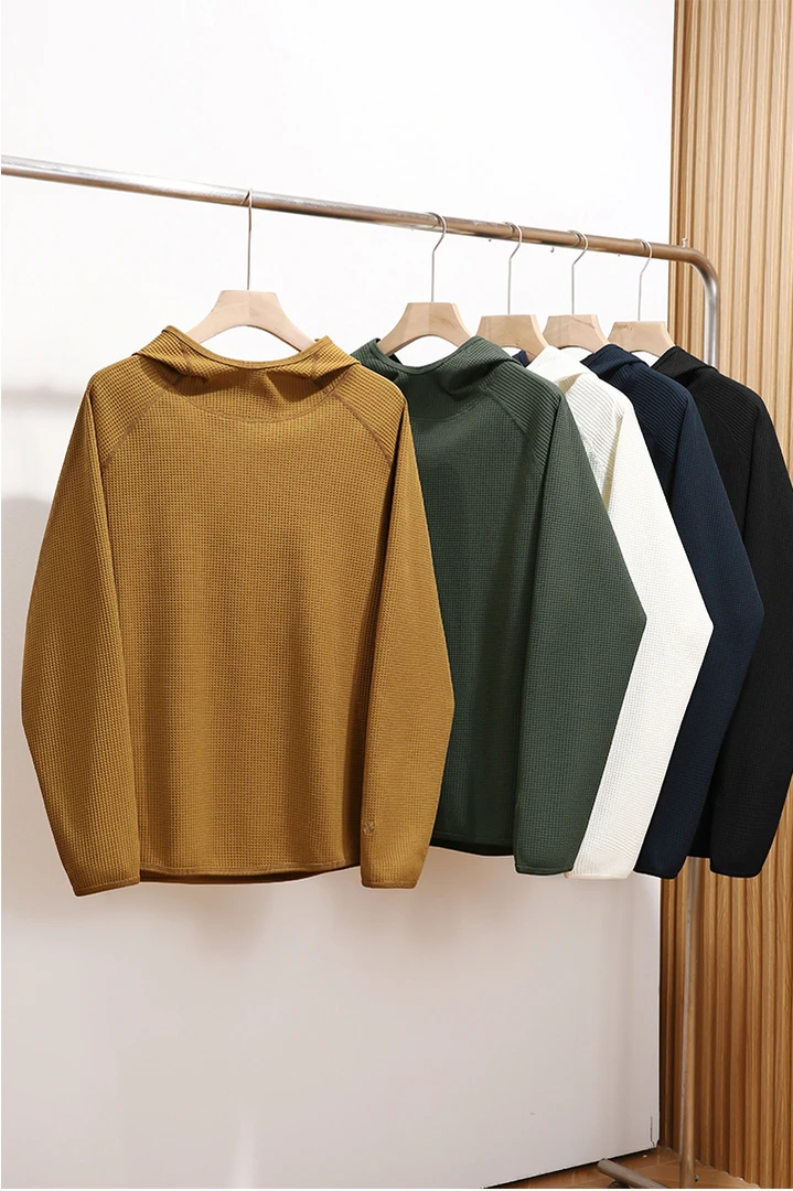 秋季男女时尚华夫格套头连帽长袖卫衣纯色休闲百搭打底衫2651-