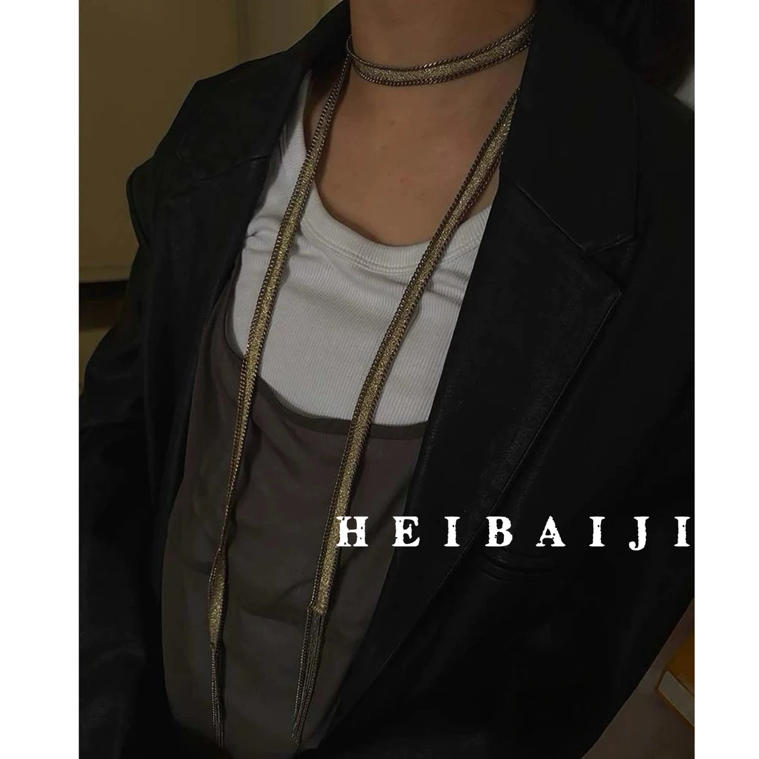 黄铜项链 法国小众设计师款橄榄绿鎏金缎带流苏复古编织流苏项链