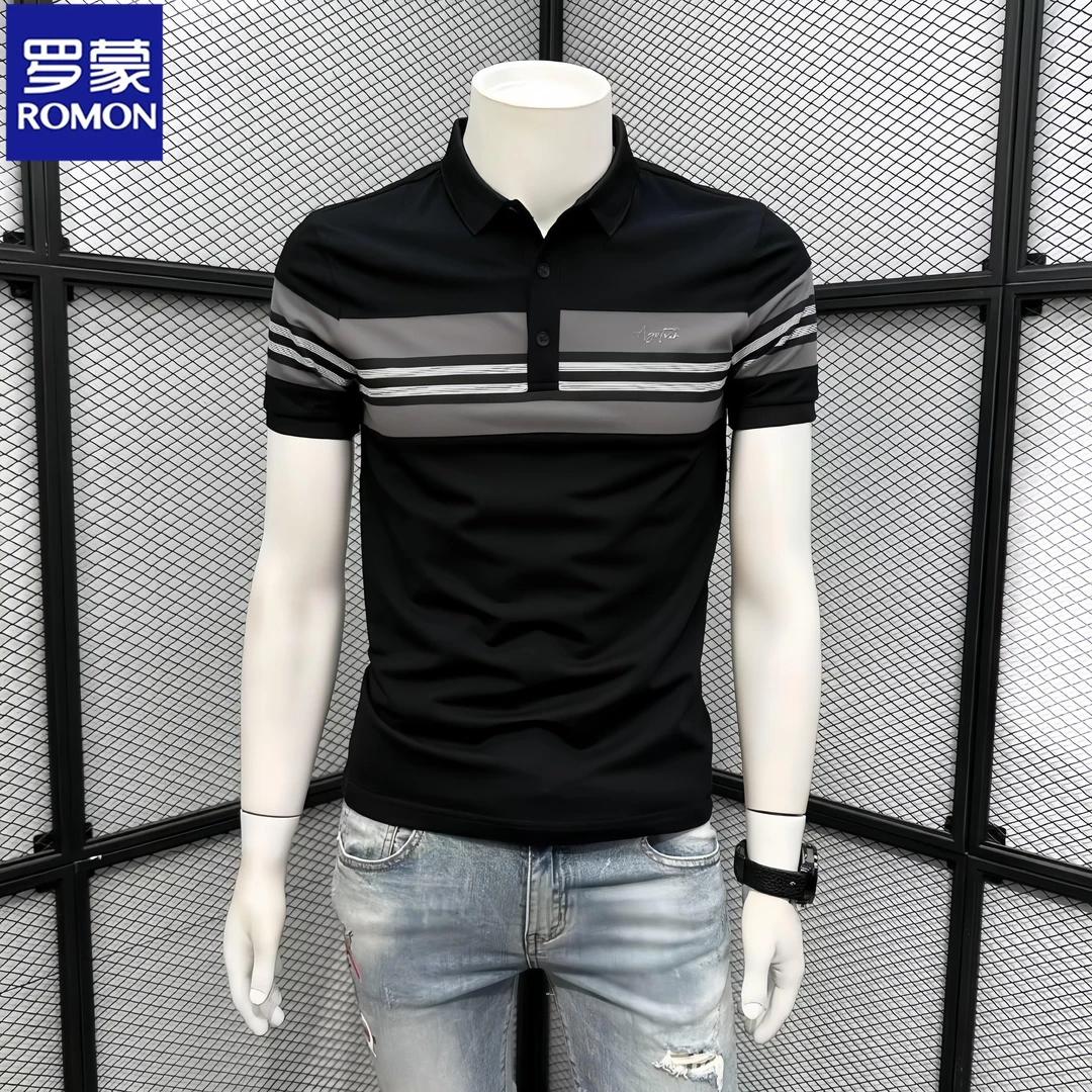 Romon/罗蒙男士POLO衫夏季冰丝翻领短袖t恤条纹时尚休闲百搭半袖