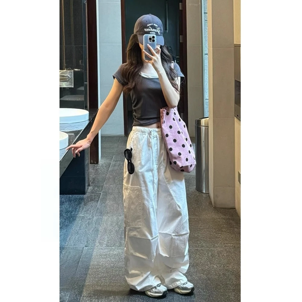 春秋新款白色高腰宽松阔腿工装裤女辣妹显瘦美式垂感直筒拖地裤子