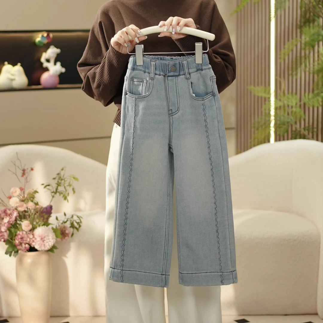 SMOTOUCH MUD女童2024秋冬加绒韩版百搭直筒牛仔裤--Y3488