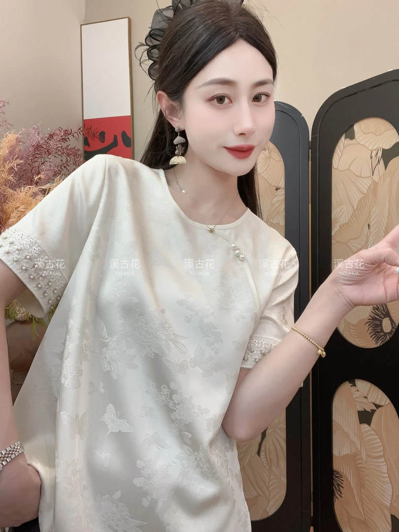 【南枝】2025夏季新款短袖百搭显瘦新中式短袖女日常简约T恤