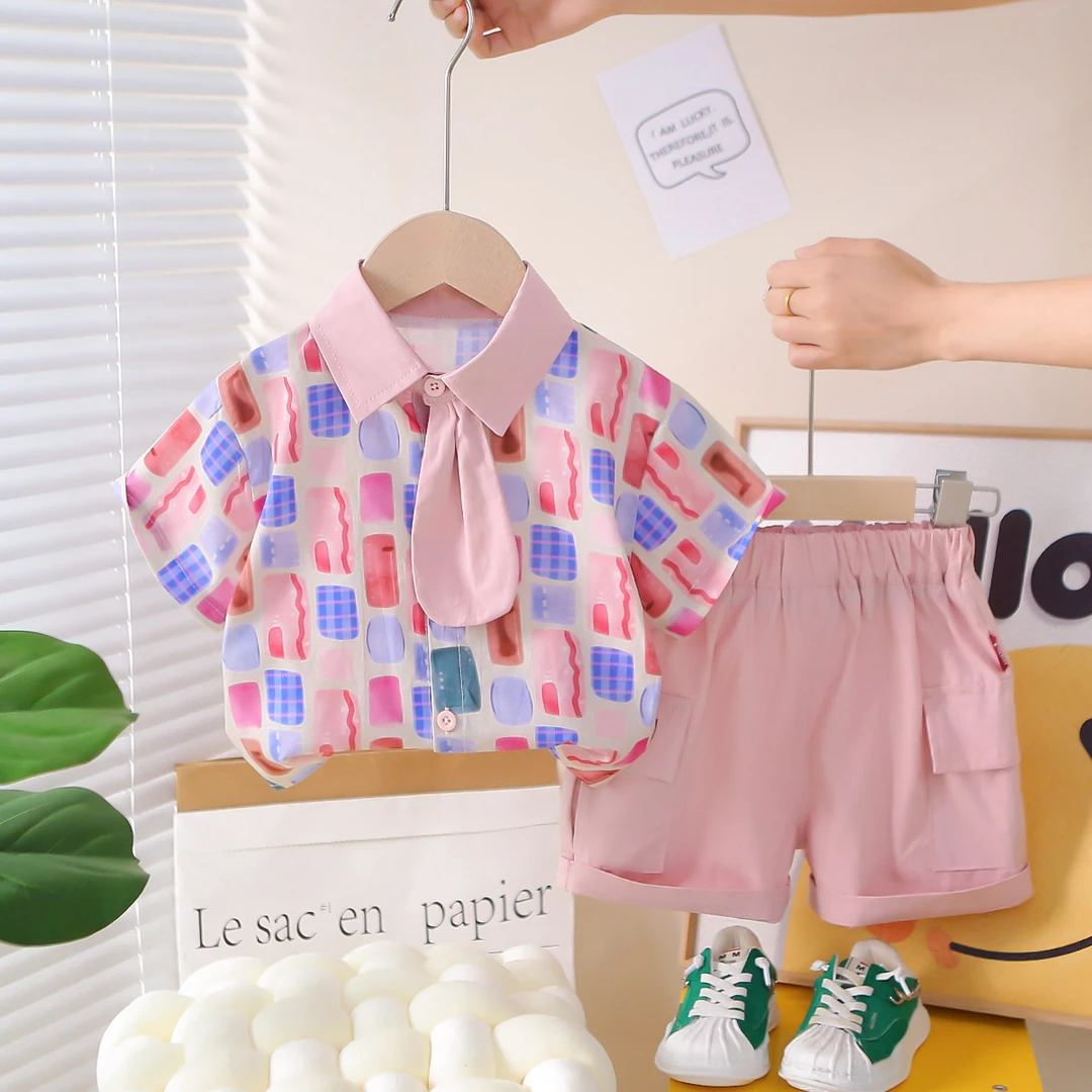 男童夏装套装2025新款儿童洋气衬衫短袖两件套宝宝夏季衣服