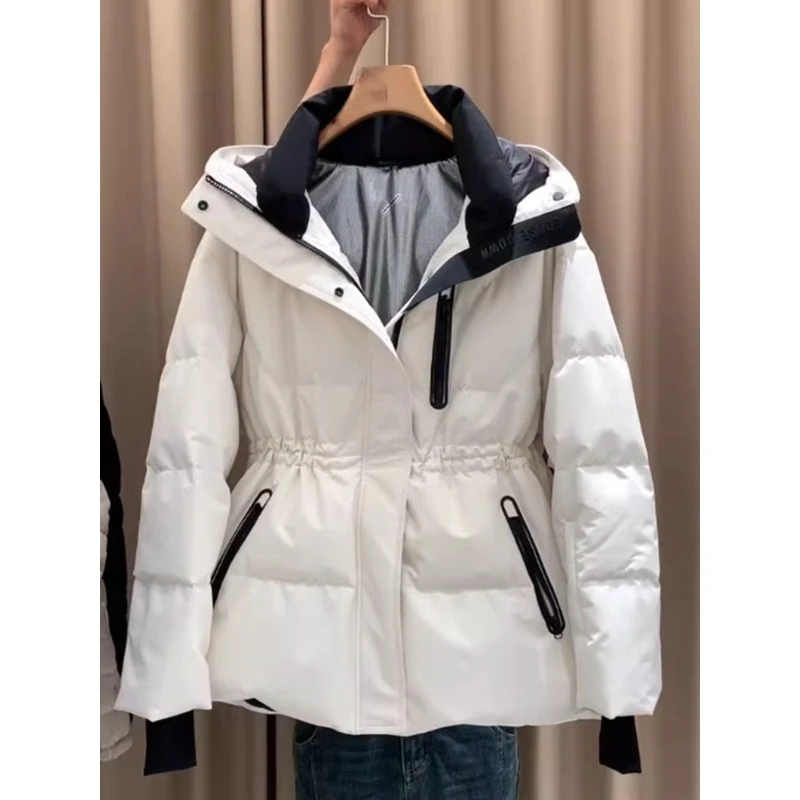 独特超好看白色连帽收腰棉服女中长款冬季2025年新款冲锋衣外套女