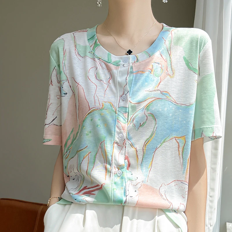 莱赛尔天丝短袖开衫女圆领拼色印花针织毛衣时尚百搭宽松外穿上衣