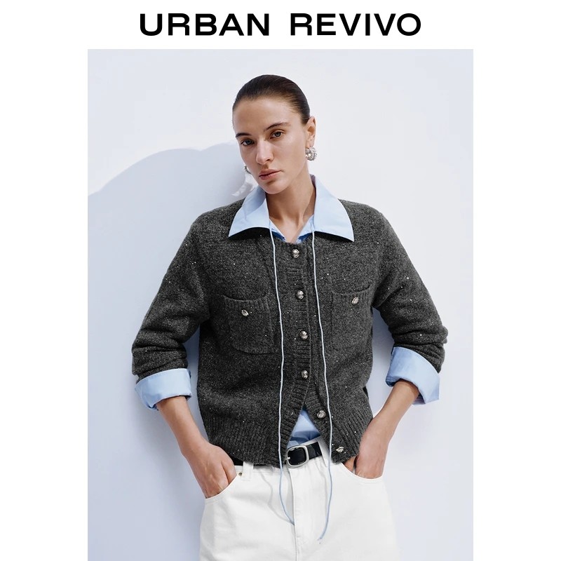 UR2026春季新款女装气质格雷系亮片纽扣针织开衫UWM950106