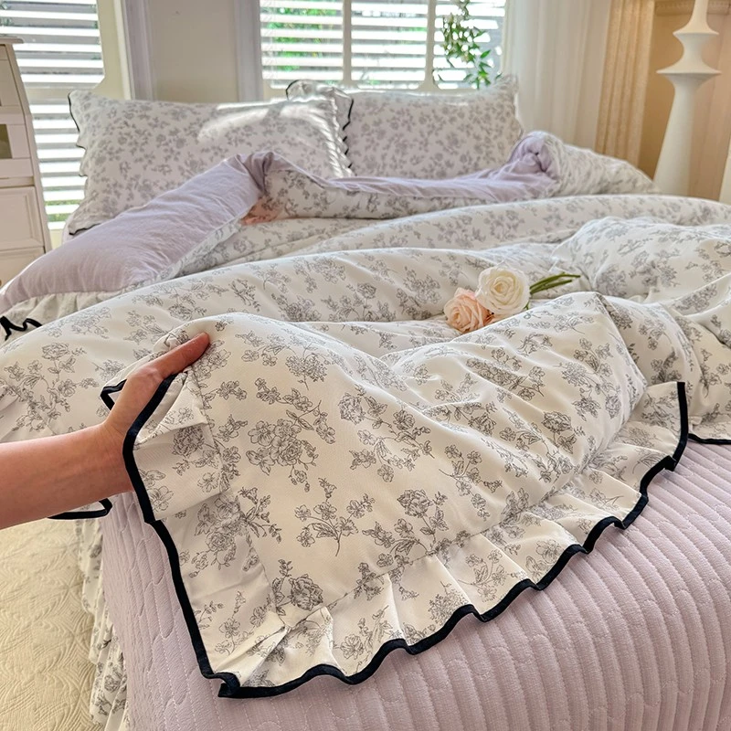 新款夏季夏凉被床盖四件套韩版花边皱皱纱夏被空调被机洗防滑床品