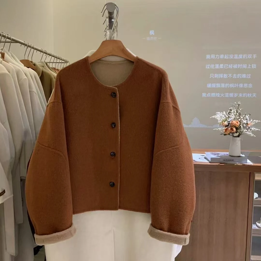 韩尤简同款百搭休闲短款羊绒外套