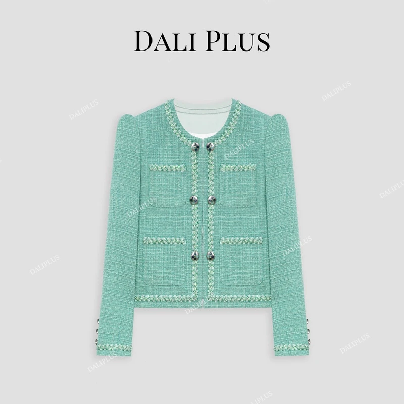 DALI PLUS高奢线 绿色编织双排扣高档羊,毛小香风外套-D4SS0165