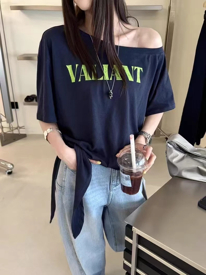 【YANIZJIA】韩系个性一字肩短袖绑绳T恤（以直播间实物为准）