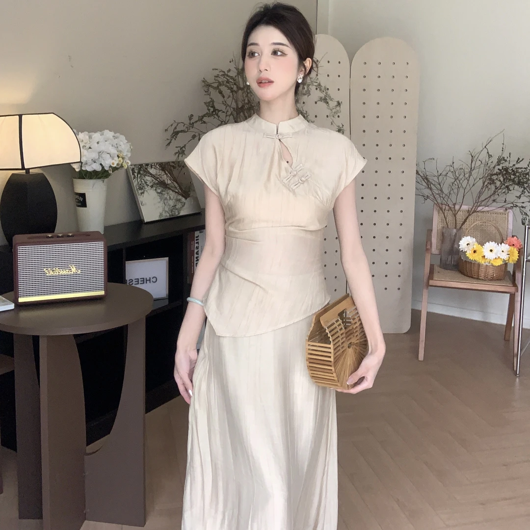 【芝士Cheese】诗中茶馆气质复古国风小个子两件套小众夏季显瘦套装