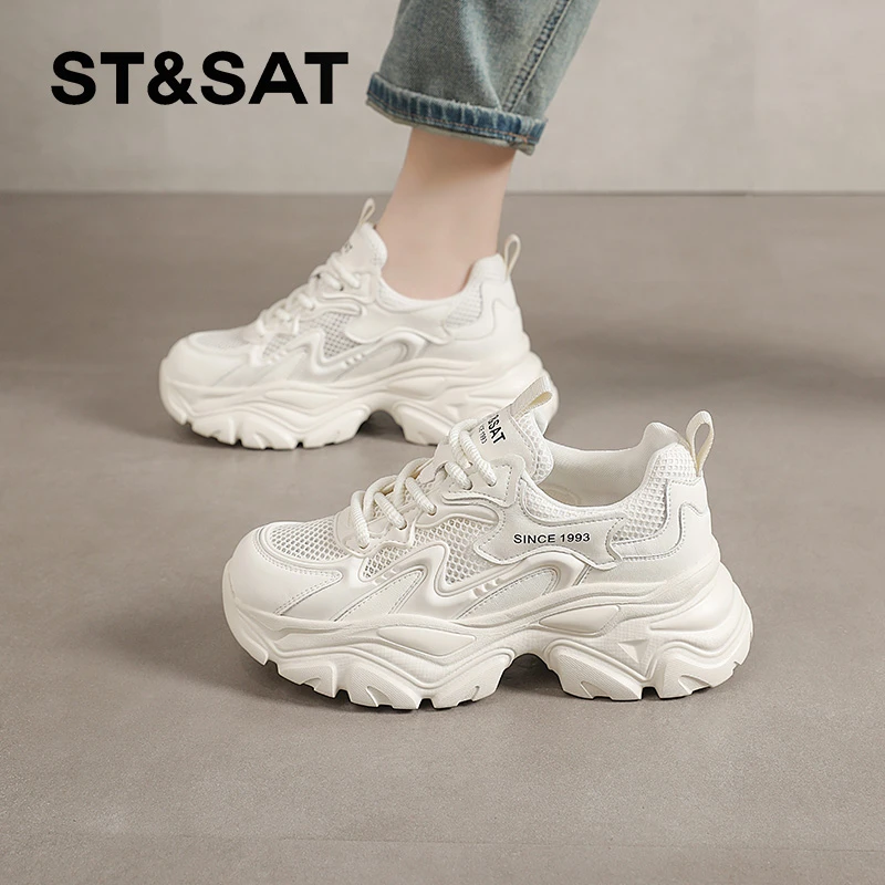 星期六老爹鞋女款2025新款春夏季透气网面厚底休闲鞋子女增高女鞋