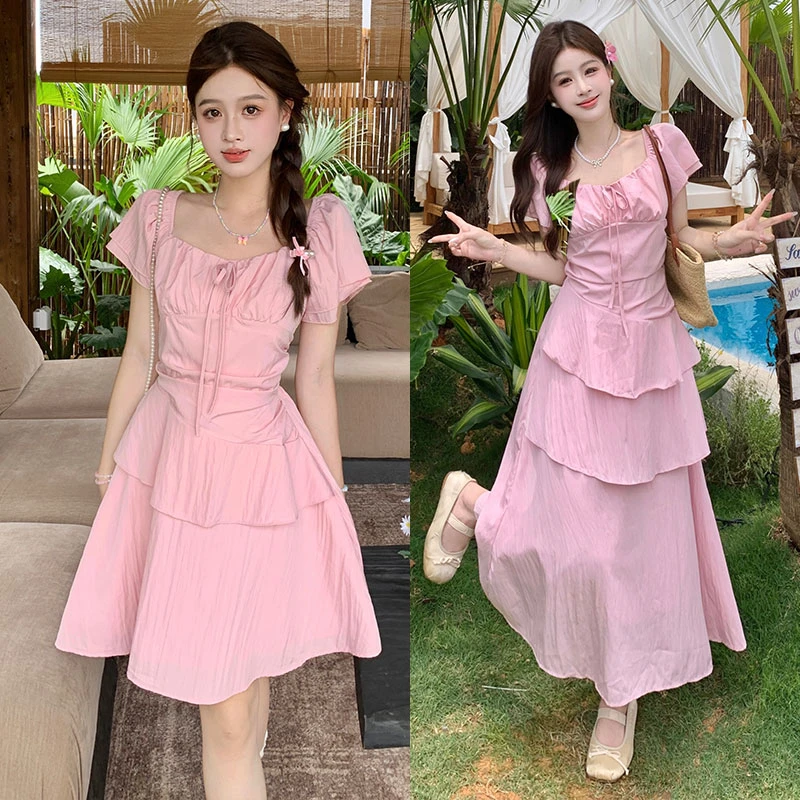 大码连衣裙蜜桃白茶夏季新款甜美风不规则长款连衣裙收腰显瘦长裙