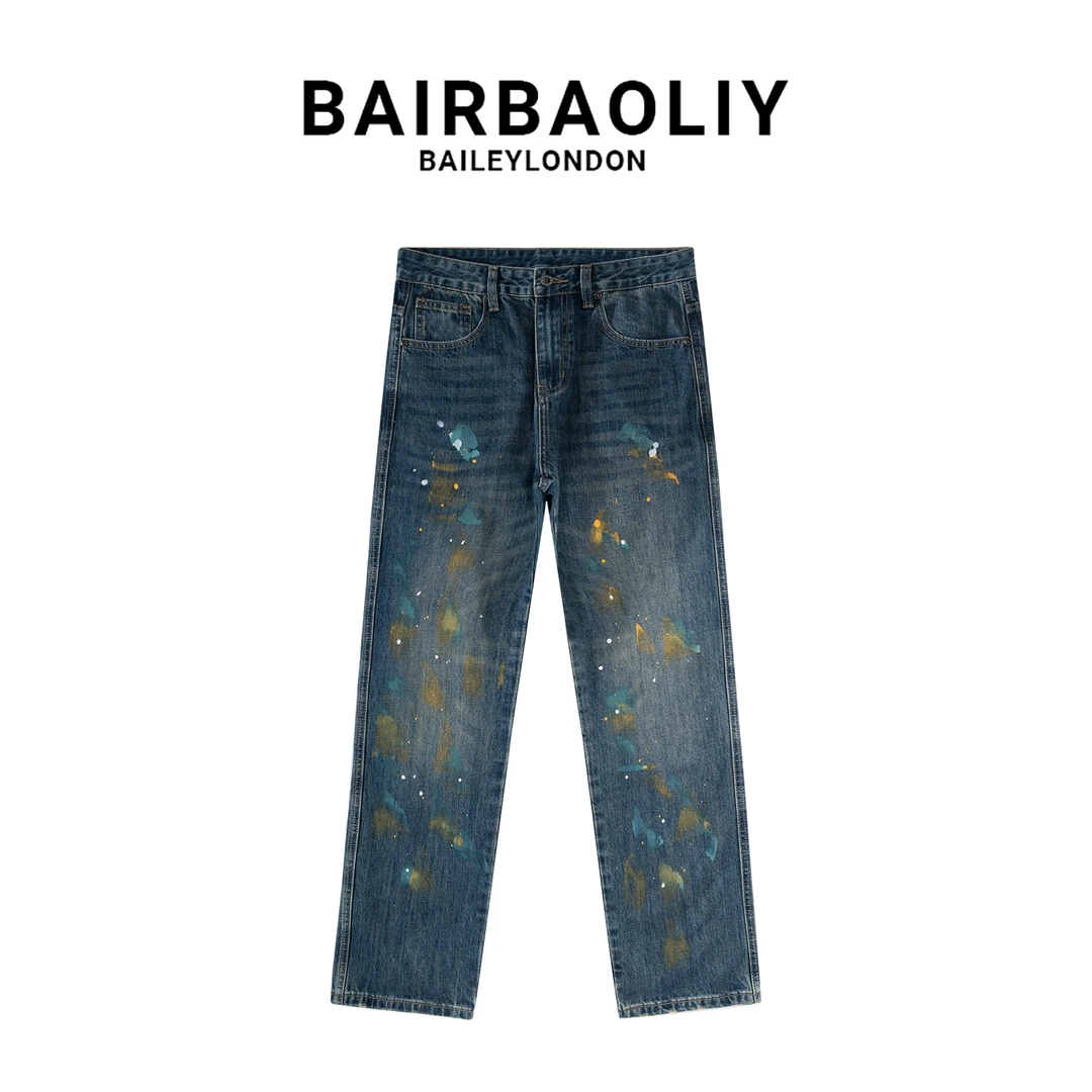 BAIRBAOLIY美式复古泼墨涂鸦做旧宽松直筒潮牌设计感百搭牛仔裤男