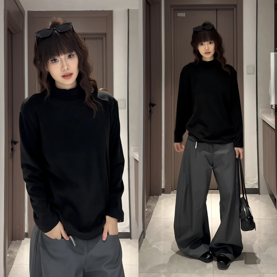 半高领解构卫衣男女冬季加绒加厚长袖T恤内搭保暖打底衫秋衣上衣