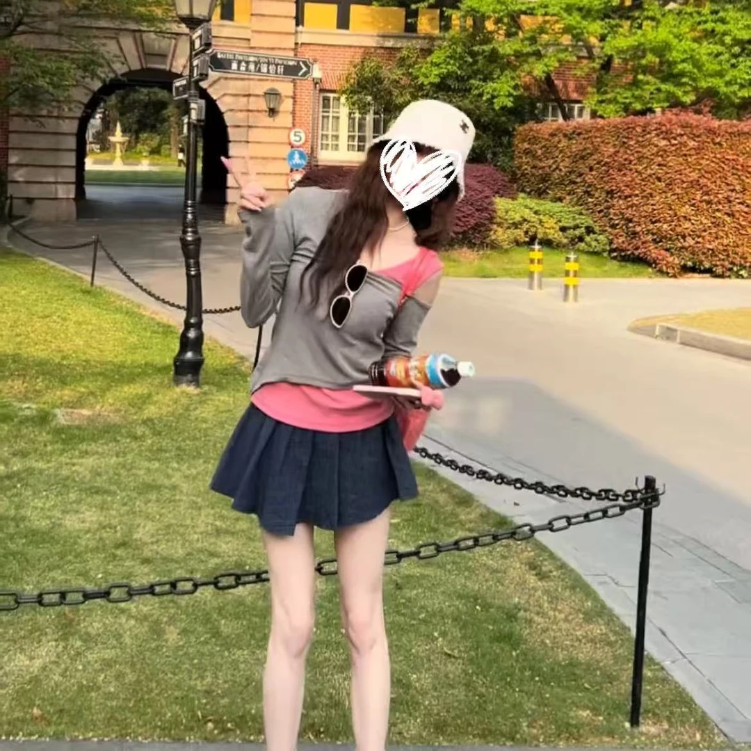 设计感假两件撞色漏肩长袖防晒上衣女2025夏季新款时尚百搭半身裙