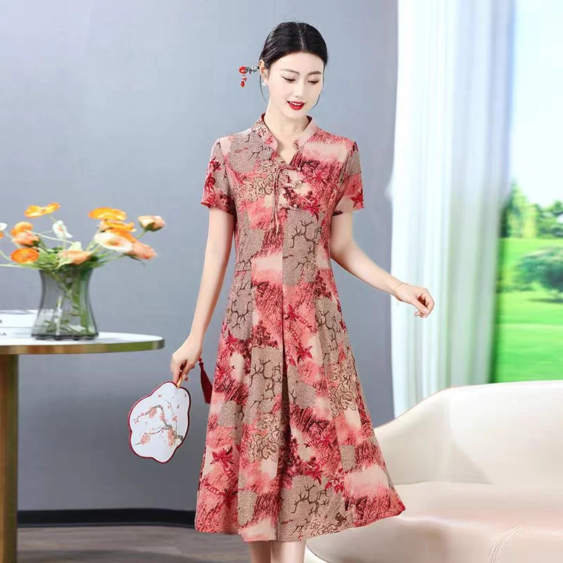 9773-夏季新款新中式国风旗袍水墨画气质妈妈装连衣裙（A仓小房间）