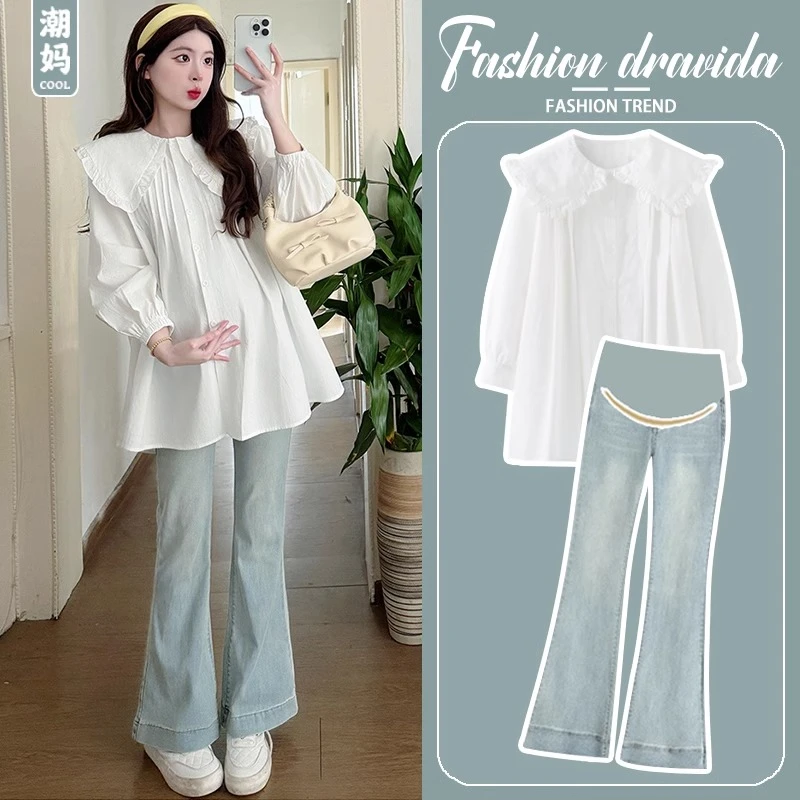 孕妇套装春秋款2025新款时尚白色娃娃领衬衣大码微喇牛仔裤两件套