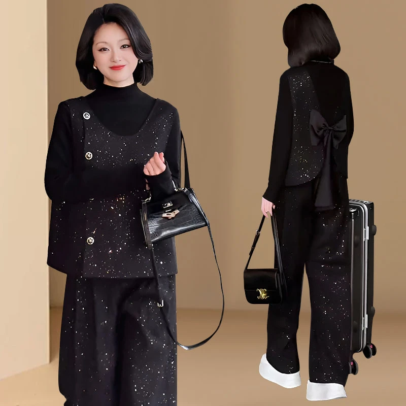 欧洲站休闲马甲套装春秋细闪后背蝴蝶结马夹背心宽松阔腿裤三件套