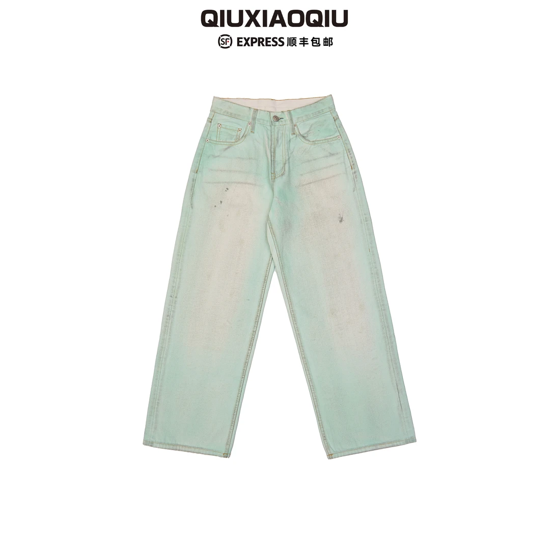 【Qiuxiaoqiu】AC做脏夜光薄荷绿涂层水洗做旧宽松直筒变色牛仔裤男