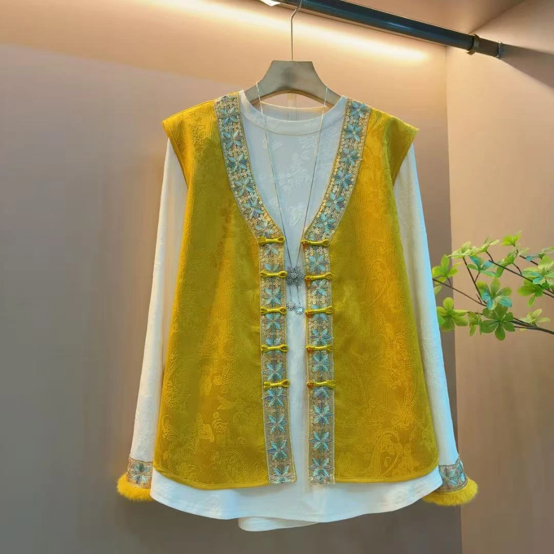 新中式盘扣马甲提花国风刺绣背心上衣高级感两件套（衣长65左右）