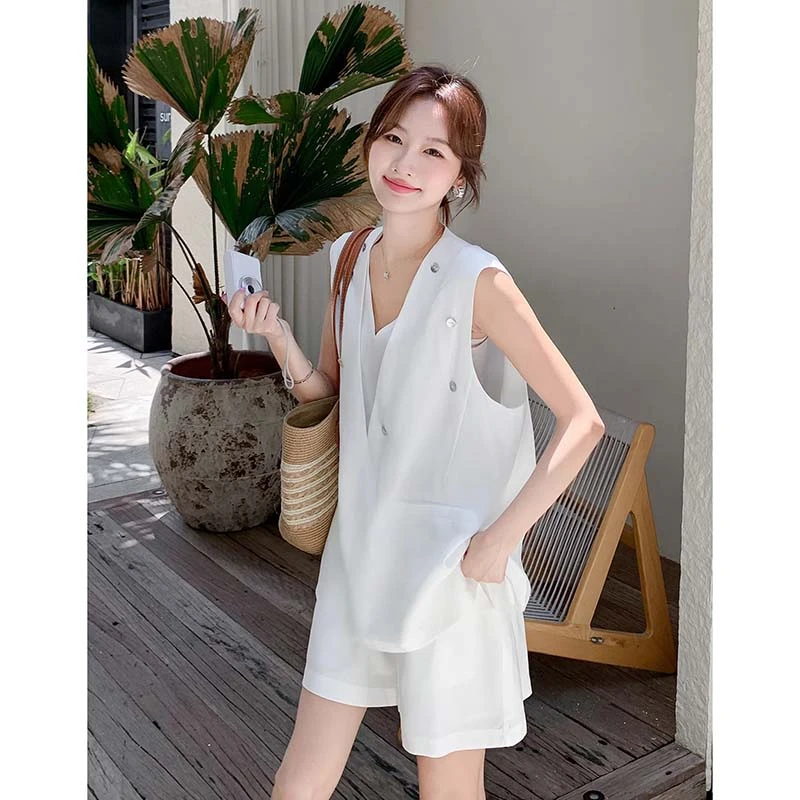 【两件套】【有里布】夏季新款气质显瘦白色V领马甲+休闲短裤D2961
