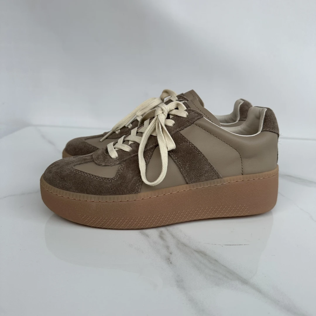 德训百搭厚底休闲鞋拼色复古真皮德训鞋女厚底系带休闲运动板鞋