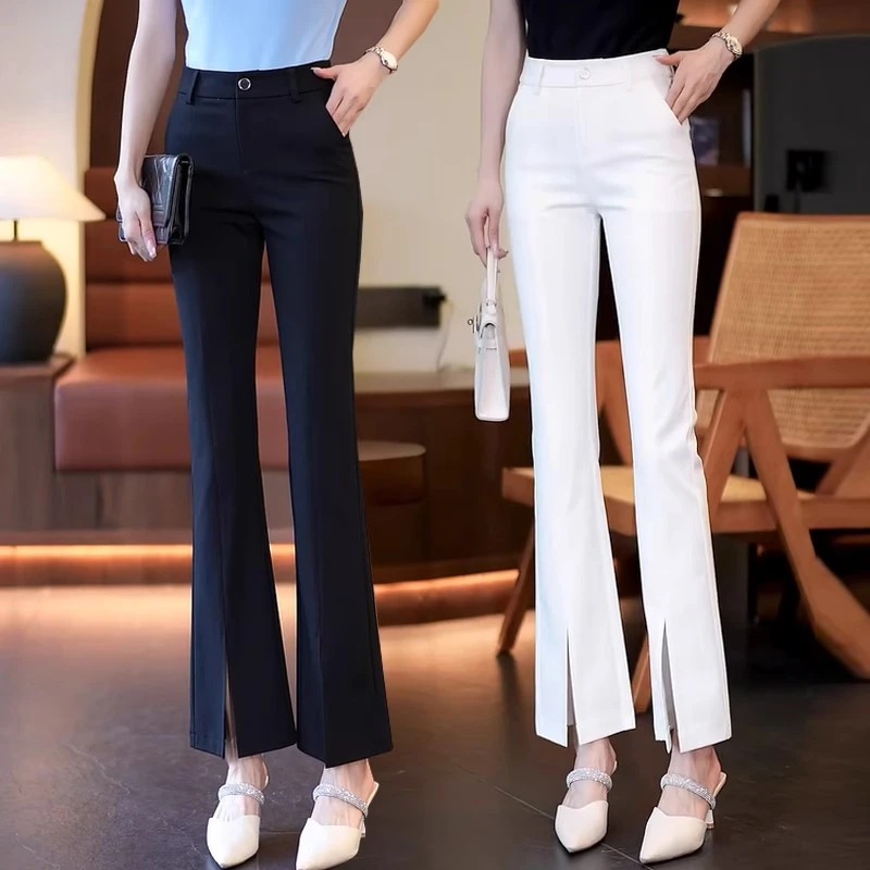 九分冰丝微喇裤女夏季2025新款高腰显瘦垂感开叉休闲西装喇叭裤子