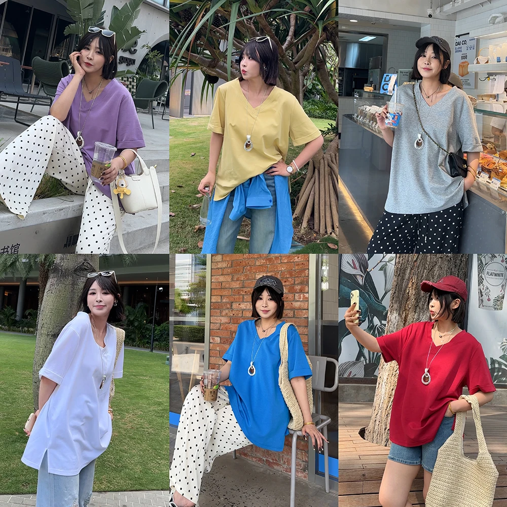 【夏上新】胖mm百搭显瘦V领T恤短袖上衣200斤加牛仔裤女MJ521-GN