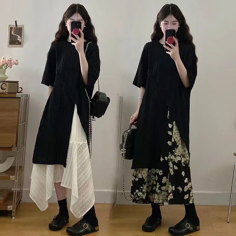 大码女装夏季新款时尚设计感开叉短袖T恤上衣韩系穿搭显瘦半身裙