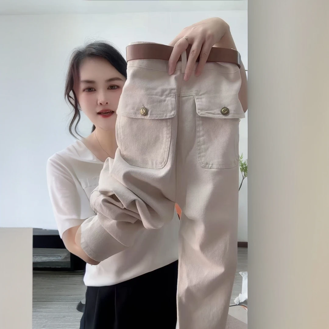 秋季水洗薄款弹力高腰纯色休闲裤女洋气韩版显瘦九分牛仔休闲裤