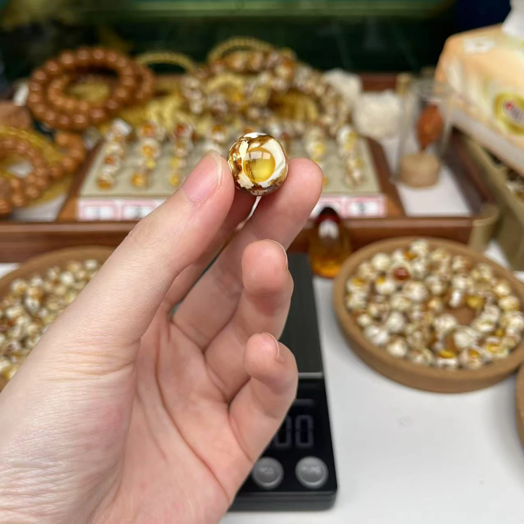 沁色蜜蜡白花圆珠一物一图尺寸15.4mm搭配手串好看9185号