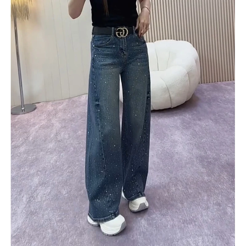 小个子蓝色牛仔裤女士2025年新款秋季爆款裤子时尚宽松弯刀阔腿裤