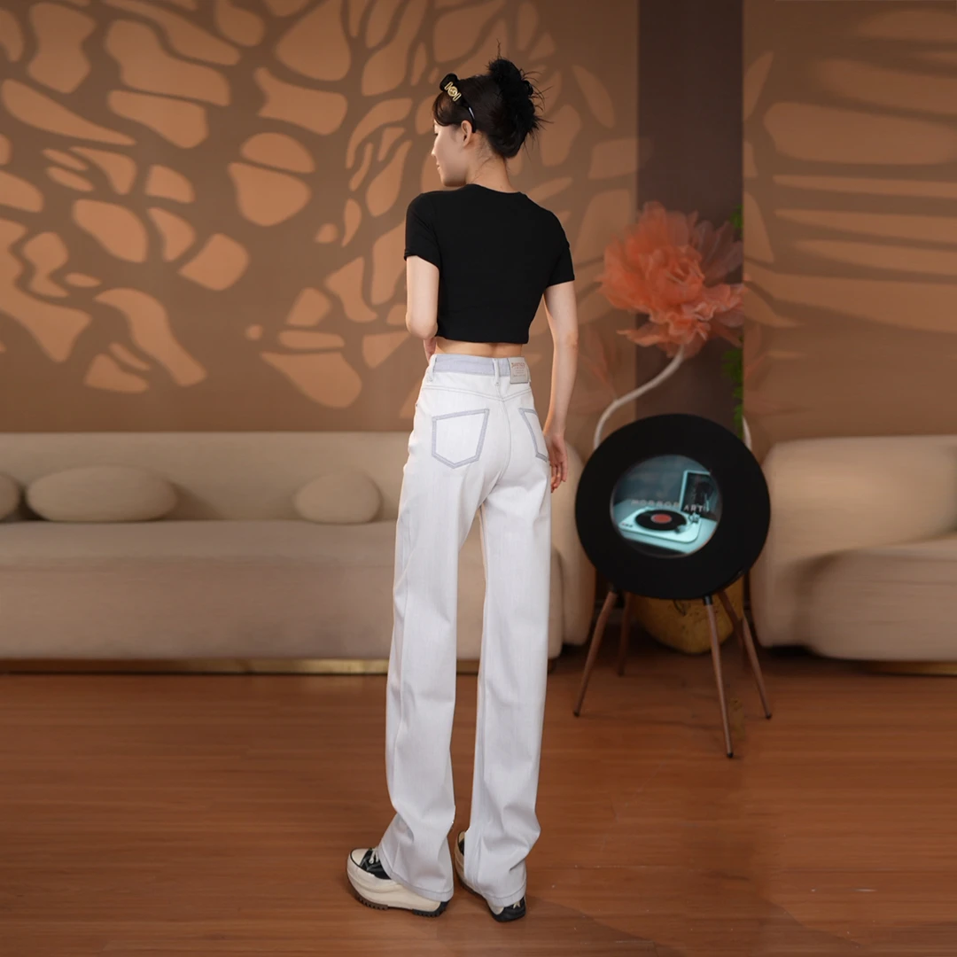 2025秋冬白色牛仔裤女款新撞色弯刀裤宽松直筒裤阔腿弹力小众显瘦