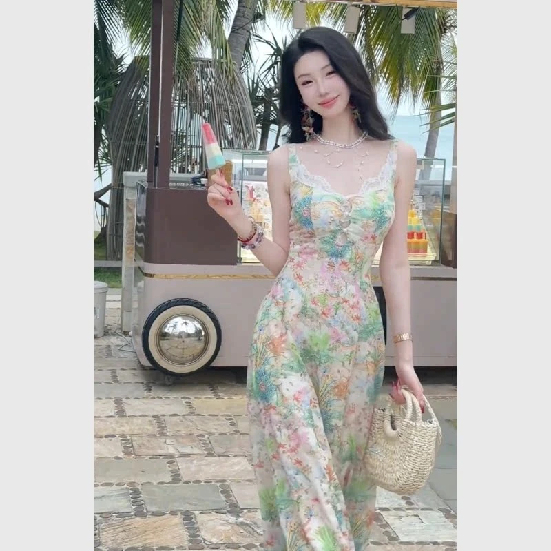 绿色碎花沙滩裙女海边度假超仙连衣裙法式夏日多巴胺绝美收腰小裙