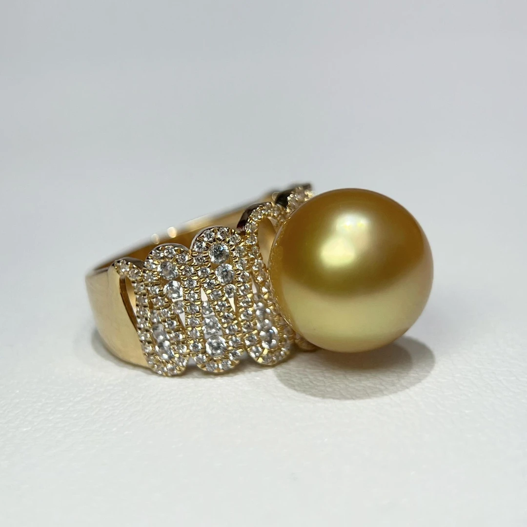 纯天然海水珍珠南洋金珠戒指18k金豪镶嵌灵蛇浓茶金炫彩正圆无暇